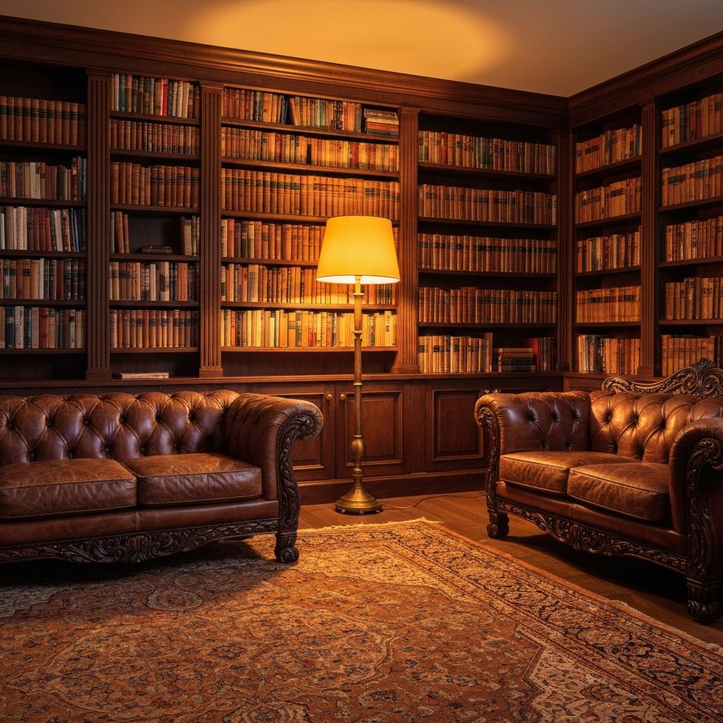 Luxury estate library with warm lamp light